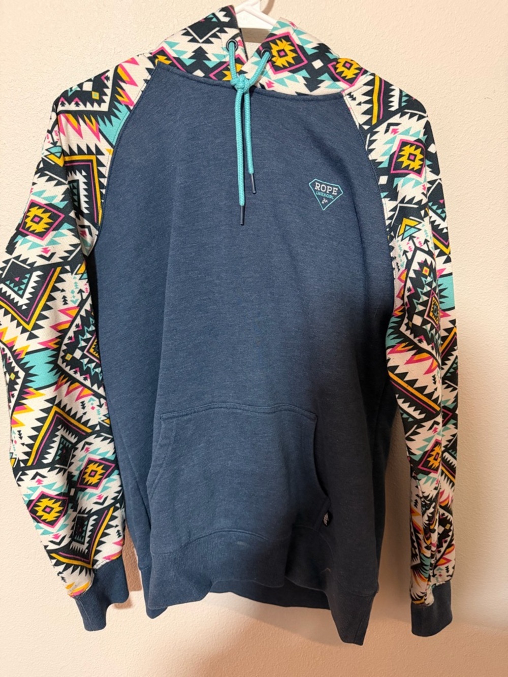 Hooey Blue Crewneck Hoodie with Aztec-Print Sleeves